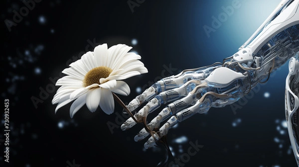 Fototapeta Cyborg hand holding a daisy, a robot hand with a white flower on dark, soft power, digital technology concept by generative AI.