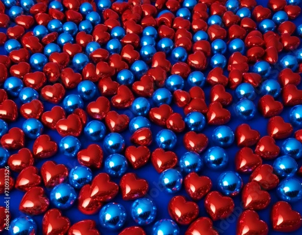 Fototapeta The image is filled with red and blue metal 3D hearts scattered across a blue surface.