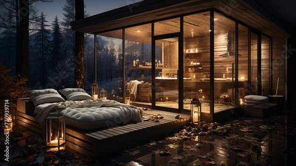 Fototapeta Panoramic view of nice dark stylish modern bedroom at night