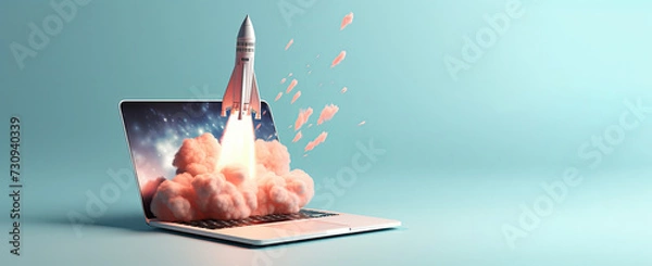 Fototapeta Rocket launch and  taking off from laptop screen. Business Start up, Launching new product and service. a start up launch new business project.