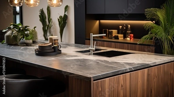 Fototapeta close ups of a stylish kitchen island in a cozy studio with a modern elegant interior
