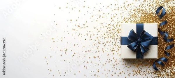Fototapeta Navy and white gift box with golden glitter, ideal for special occasions and celebrations.
