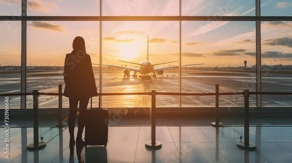 Fototapeta Person holding suitcase at airport waiting with airplane over the window.