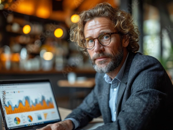 Obraz Man Sitting at Table With Laptop, Working or Studying From Home or Office