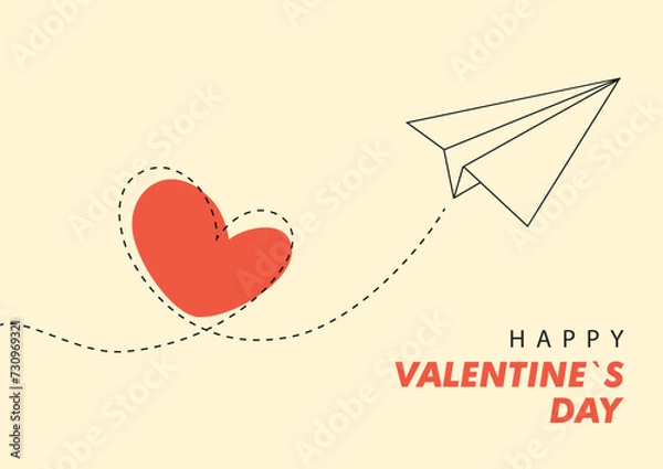 Fototapeta Valentine`s day card with heart and paper airplane, vector illustration