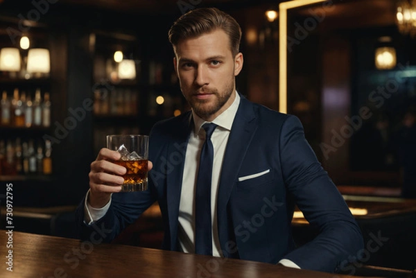 Fototapeta A attracrive man in an elegant expensive suit hold a glass of whiskey on blurred bar background. An unrecognizable man holds a glass with an expensive alcoholic drink. Generative Ai