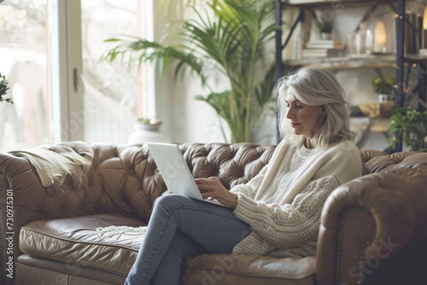 Fototapeta aged woman sitting on sofa at home and using laptop