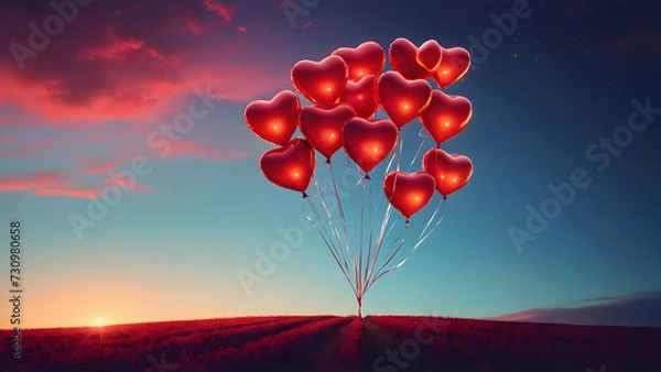 Fototapeta Red balloon bunches, floating with joy, happiness, and fun, creating a vibrant party atmosphere for entertainment event.