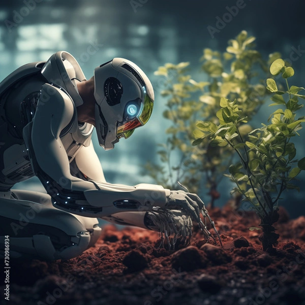 Fototapeta The android, robot, cyborg planting small trees, automation plating, green environmental sustainable development by generative AI.