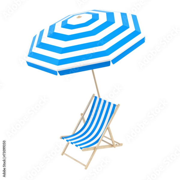 Obraz render of a deck chair with umbrella, isolated on white