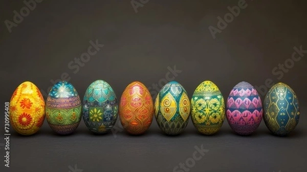 Fototapeta Eight beautifully decorated Easter eggs on a gray background. The concept of celebrating Easter, the arrival of spring. Empty space for text, banner