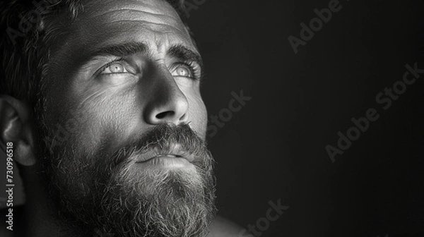 Fototapeta Black and white close-up photo portrait of a beautiful middle aged man with beard and a sensual gaze