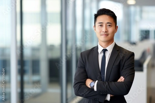 Fototapeta Portrait of businessman with arms crossed, asian man smiling and looking at camera, man working inside modern office building