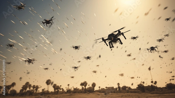 Obraz Drone warfare concept, swarm of military drones attacking, desert or Middle East environment in the background.