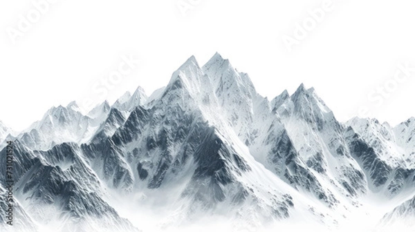 Obraz Snow-covered mountain peaks in a breathtaking landscape, featuring a wintry panorama with icy glaciers, rocky terrain, and a clear view of the sky, white background.