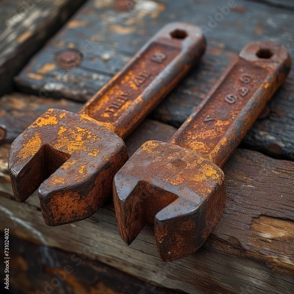 Fototapeta Close-Up of Rustic Tools, Macro photography featuring the worn and rustic details of tools.