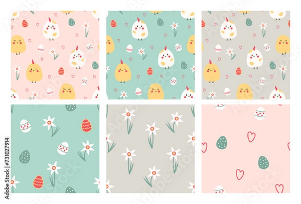 Fototapeta Set of seamless patterns for Easter with chicks and Easter eggs