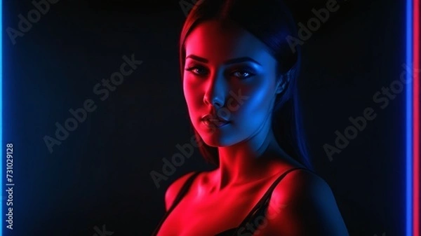 Fototapeta Adorable girl exudes confidence in red and blue style. Backdrop artwork complements her grace.