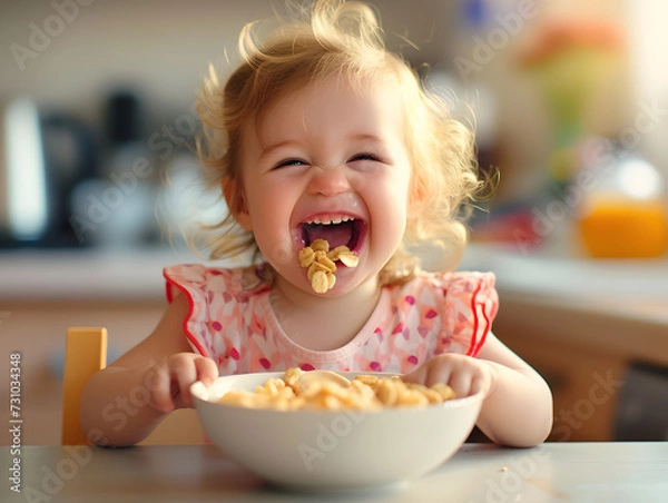 Fototapeta Caucasian Toddler Girl Having Cereal Breakfast