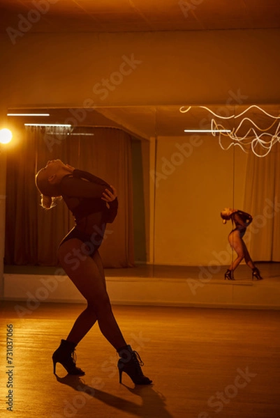 Fototapeta A poised dancer in fishnet tights and black leotard dancing on polished floor in studio
