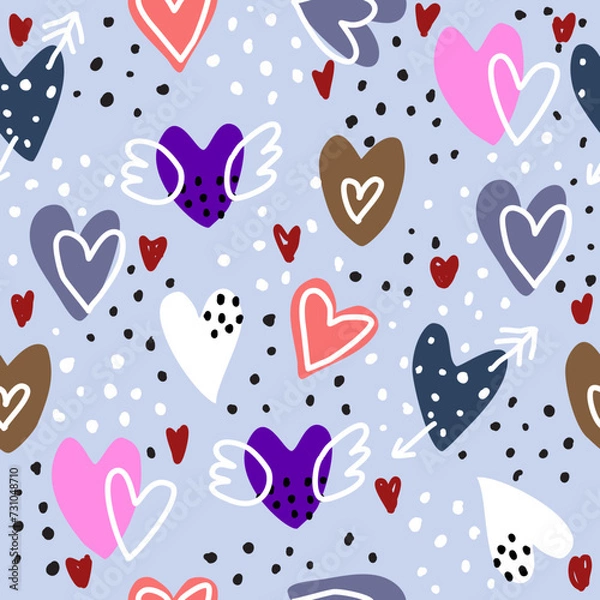 Obraz Seamless pattern with cartoon hearts. Colorful vector flat style. Hand drawn heart vector.valentines day. Romantic design for print,wrapper, fabric 