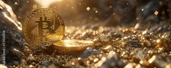 Obraz Glowing bitcoin amidst sparkling gems, symbolizing wealth and digital currency. high-resolution finance and technology concept. digital art display for modern markets. AI