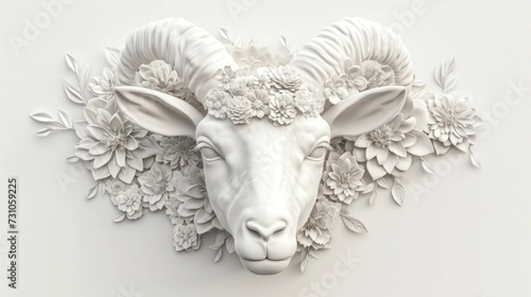 Obraz a close up of a goat with flowers on it's head and in the middle of it's horns.