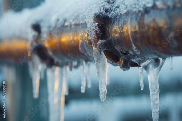 Fototapeta Close-up view of frozen water pipes with icicles forming, capturing the impact of the cold on the environment.