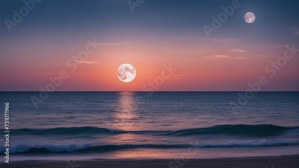 Fototapeta moon over sea panorama view of the sea with colorful sky, cloud and bright full moon  