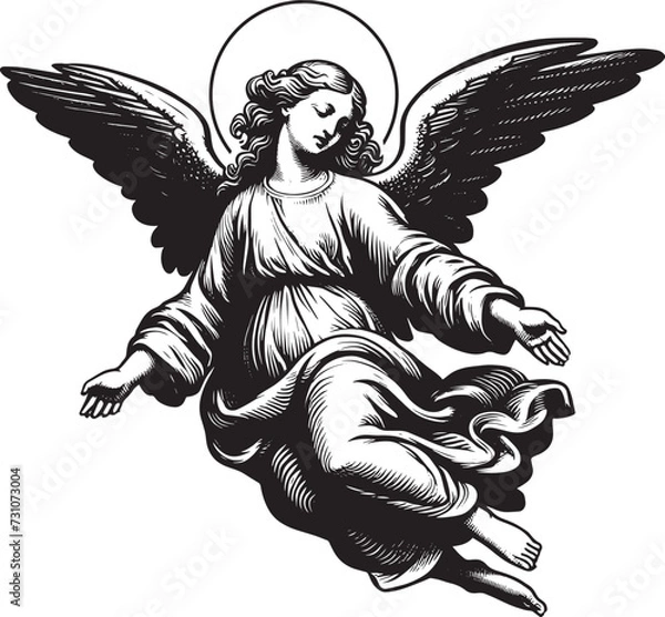 Fototapeta A beautiful biblical angel flies in the sky. Vintage engraving illustration in Renaissance style. Isolated object. Black and white. Outline vector illustration