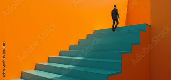 Fototapeta A business person walking on a staircase. Business progress and development concept