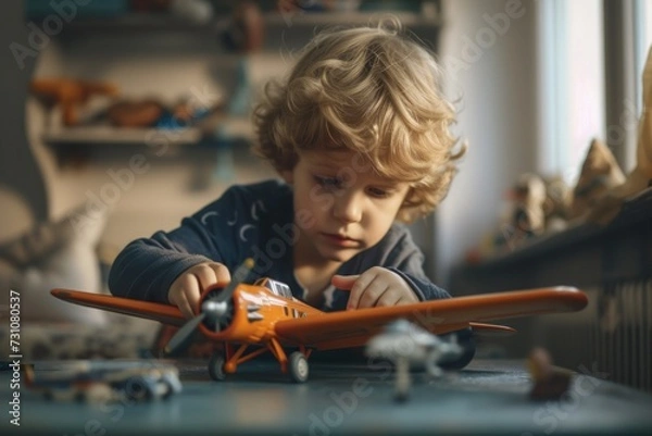 Fototapeta A happy boy is playing with a model airplane in his room.