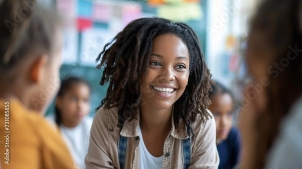 Fototapeta A smiling teacher directs her attention to elementary students, eager to hear their answers.