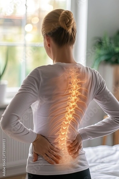 Fototapeta Digital composite of highlighted spine of woman with back pain at home. Digital composite shows the spine's vulnerability to back pain.