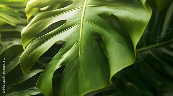 Fototapeta Green leaves of Monstera philodendron plant growing in wild, the tropical forest plant, evergreen vines abstract color on dark background.