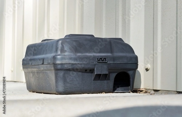 Fototapeta Rat bait station by a wall outdoors, front view at ground level. Common pest control solution for commercial properties.