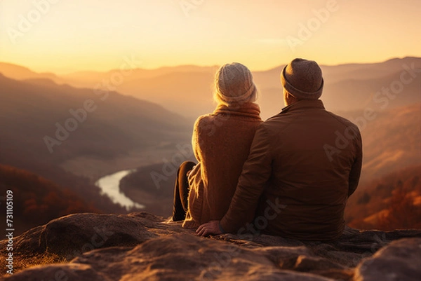 Fototapeta Elderly happy couple enjoying life together admiting sunset in mountains Generative AI technology picture image