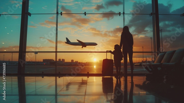 Obraz Family (father, son, mother) holding suitcase in the airport still during sunset, background Glass window and airplane taking off