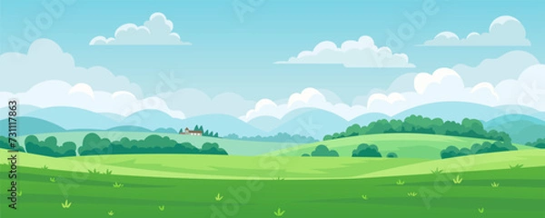 Obraz Beautiful rural landscape with meadows and fields, trees and hills, houses against a background of blue sky and white clouds. Pasture grass for cows. Vector illustration of summer fields.