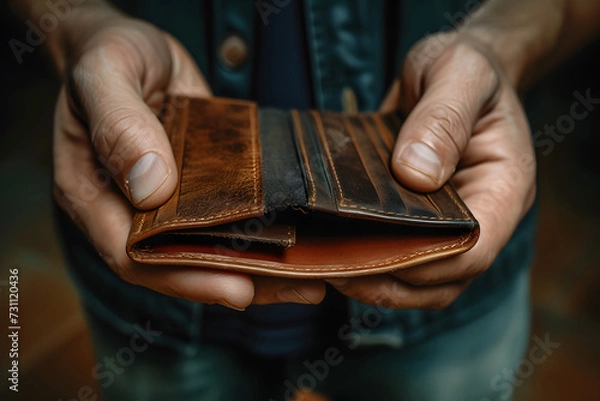 Fototapeta Poor man bankrupt with no credit in debt hand hold empty black leather wallet because economy down turn Empty wallet (no money) in the hands of an man
