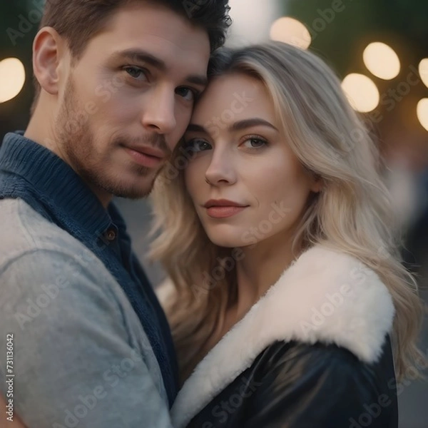 Fototapeta Intimate Moment Between a Young Couple Embracing at Dusk in a Serene Field