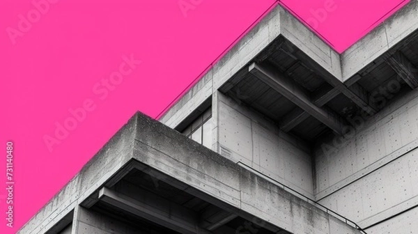 Fototapeta Generative AI, brutalism style concrete building, pink and grey colors, in the style of neo-concretism, midcentury modern exterior