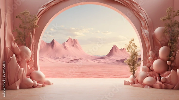 Fototapeta an arch overlooks a pink desert and trees, in the style of surreal 3d landscapes, indoor still life, abstract surrealist, trompe l’oeil, fantasy-inspired, matte background, high detail