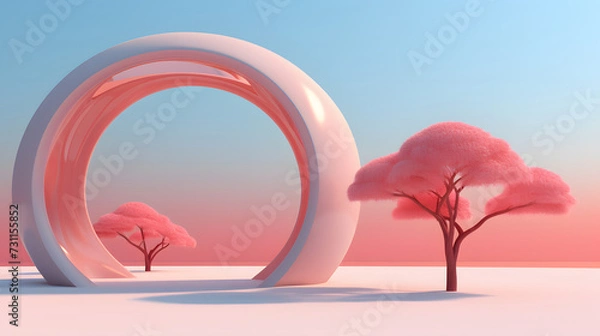 Fototapeta arched landscape of a green tree and arched archway, in the style of surrealistic futuristic, pink and beige, interior scenes, terragen, light red and sky-blue, spherical sculptures