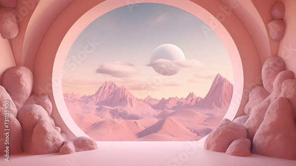 Fototapeta pink mountains landscape abstract background 3d rendering free, in the style of surrealist ceramics, interior scenes, arched doorways, pensive surrealism, spherical sculptures, photosurrealist