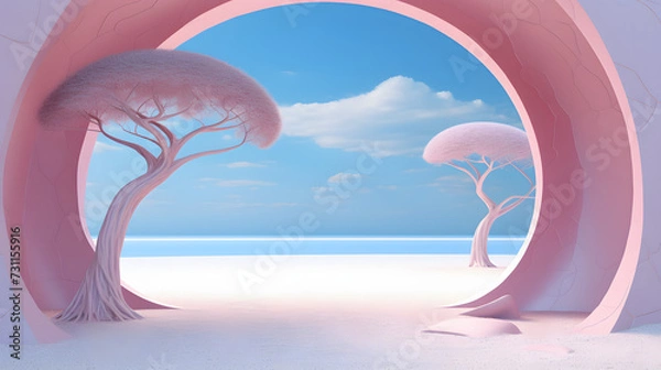 Fototapeta tree in an archway, in the style of surrealistic futuristic, surreal 3d landscapes, pastel color scheme, interior scenes, sky-blue and pink, spherical sculptures, matte painting