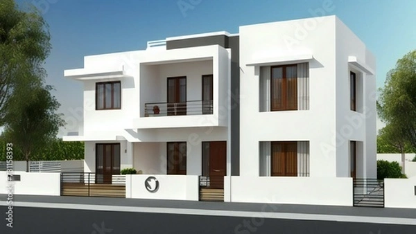Fototapeta 3d house model rendering on white background, Clean and precise 3D illustration modern cozy house. Concept for real estate or property.