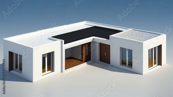 Fototapeta 3d house model rendering on white background, Clean and precise 3D illustration modern cozy house. Concept for real estate or property.