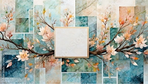 Fototapeta Background with a branch covered with leaves on a wall of blue squares with a white frame