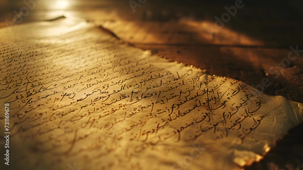 Fototapeta close-up of an ancient manuscript with intricate calligraphy, focus on heritage and artistry